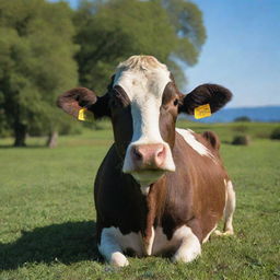 A contented cow in an idyllic, lush green pasture under a clear blue sky.