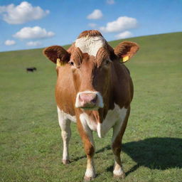 A contented cow in an idyllic, lush green pasture under a clear blue sky.