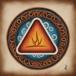 A Maori-style symbol that combines a volcano with the four elements of earth, water, fire, and wind.