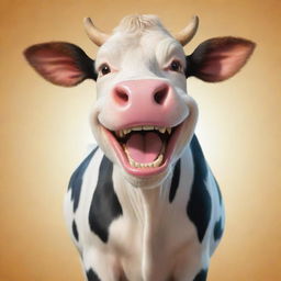 Create a cartoon image of a joyful cow displaying a lively and cheerful expression