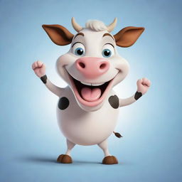 Create a cartoon image of a joyful cow displaying a lively and cheerful expression