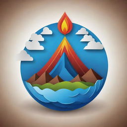 A 3D Maori-style vector symbol highlighting a volcano alongside the four elements of earth, water, fire, and wind.