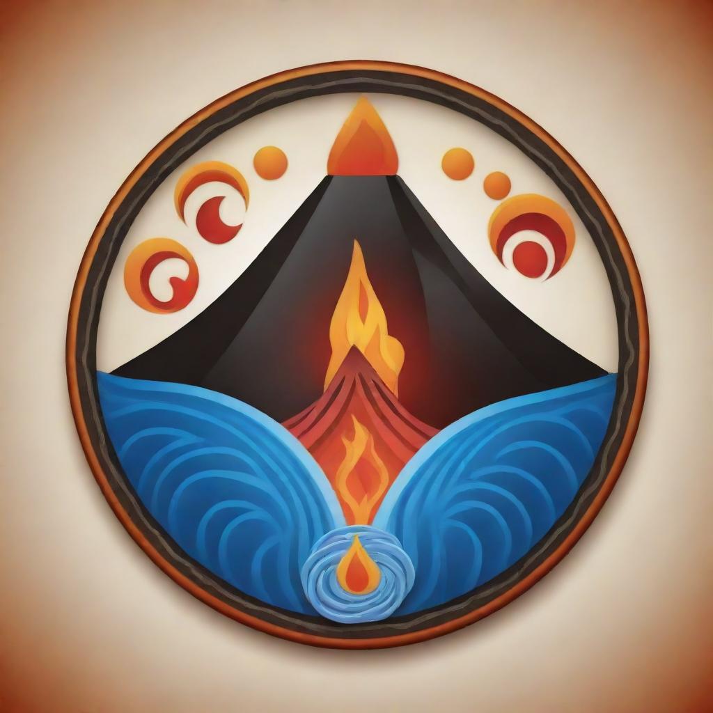 A 3D Maori-style vector symbol highlighting a volcano alongside the four elements of earth, water, fire, and wind.