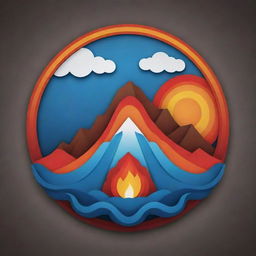 A 3D Maori-style vector symbol highlighting a volcano alongside the four elements of earth, water, fire, and wind.