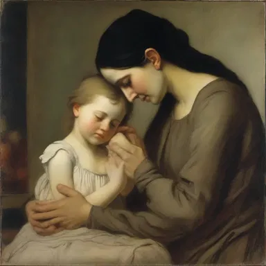 The painting depicted a tragic scene of a mother mourning the loss of her child.