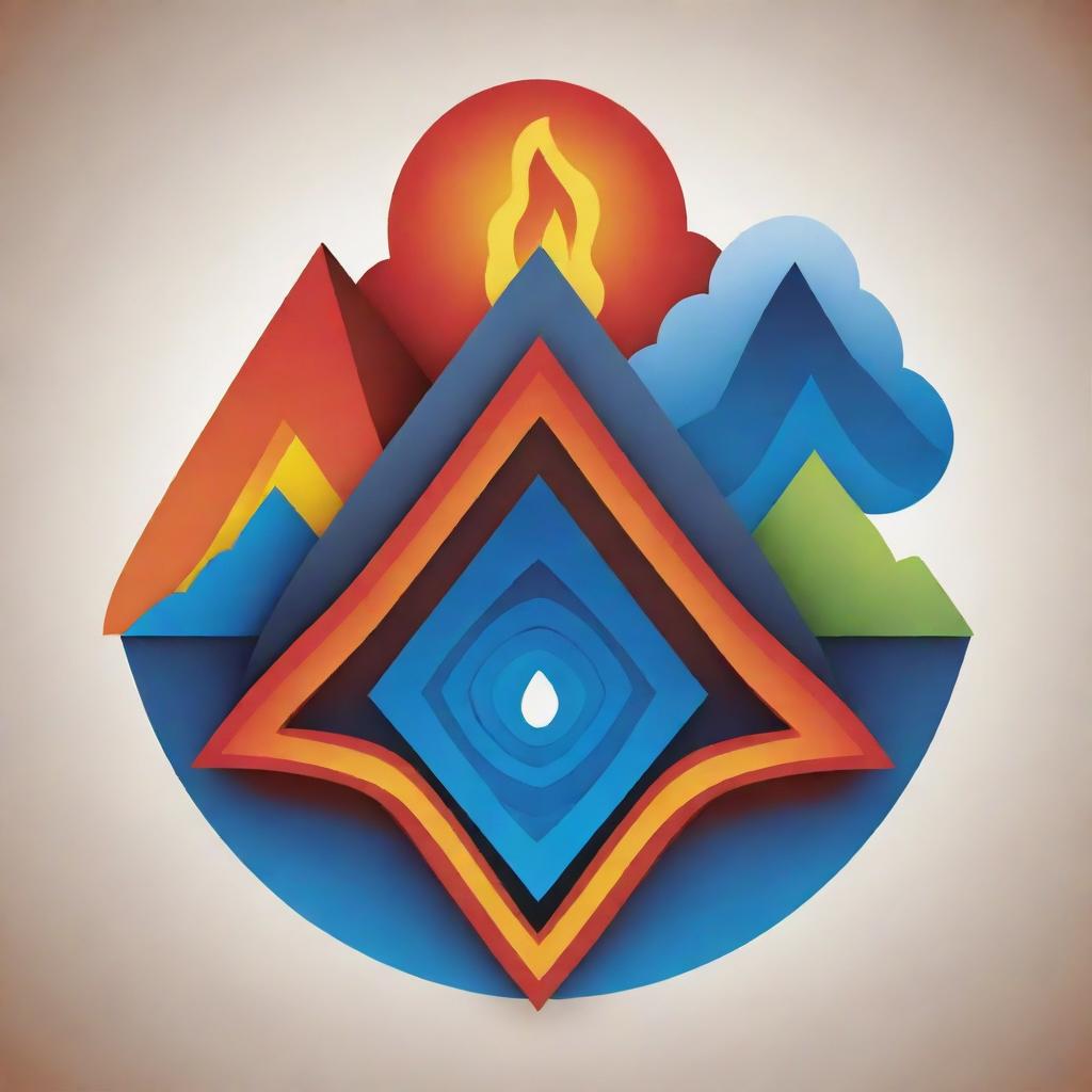 A 3D Maori-style vector symbol highlighting a volcano alongside the four elements of earth, water, fire, and wind.