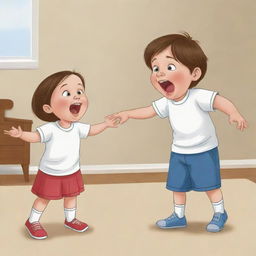 A humorous cartoon image of a playful boy slightly annoying his sister in a lighthearted scenario.