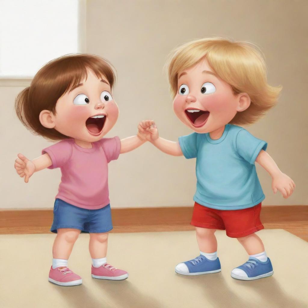 A humorous cartoon image of a playful boy slightly annoying his sister in a lighthearted scenario.