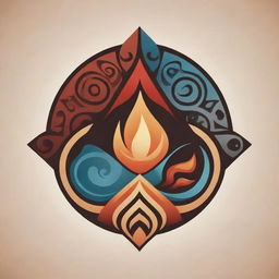 A logo-style Maori vector symbol that blends a volcano with the depictions of the four elements: earth, water, fire, and wind.