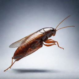 A vividly detailed image of a flying cockroach, capturing its wings and body in high definition, set against an unambiguous background.