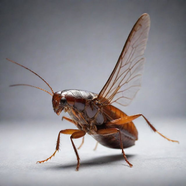 A vividly detailed image of a flying cockroach, capturing its wings and body in high definition, set against an unambiguous background.