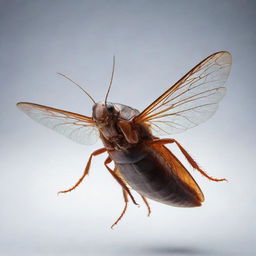 A vividly detailed image of a flying cockroach, capturing its wings and body in high definition, set against an unambiguous background.