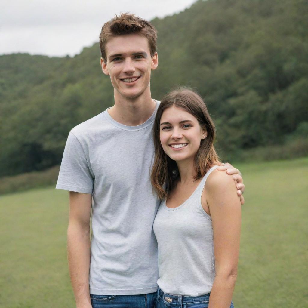 A tall young man standing next to a short young woman, both smiling outdoors in casual clothes