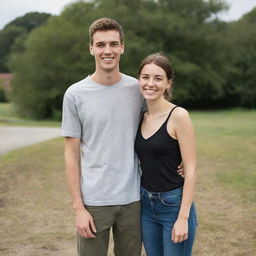 A tall young man standing next to a short young woman, both smiling outdoors in casual clothes