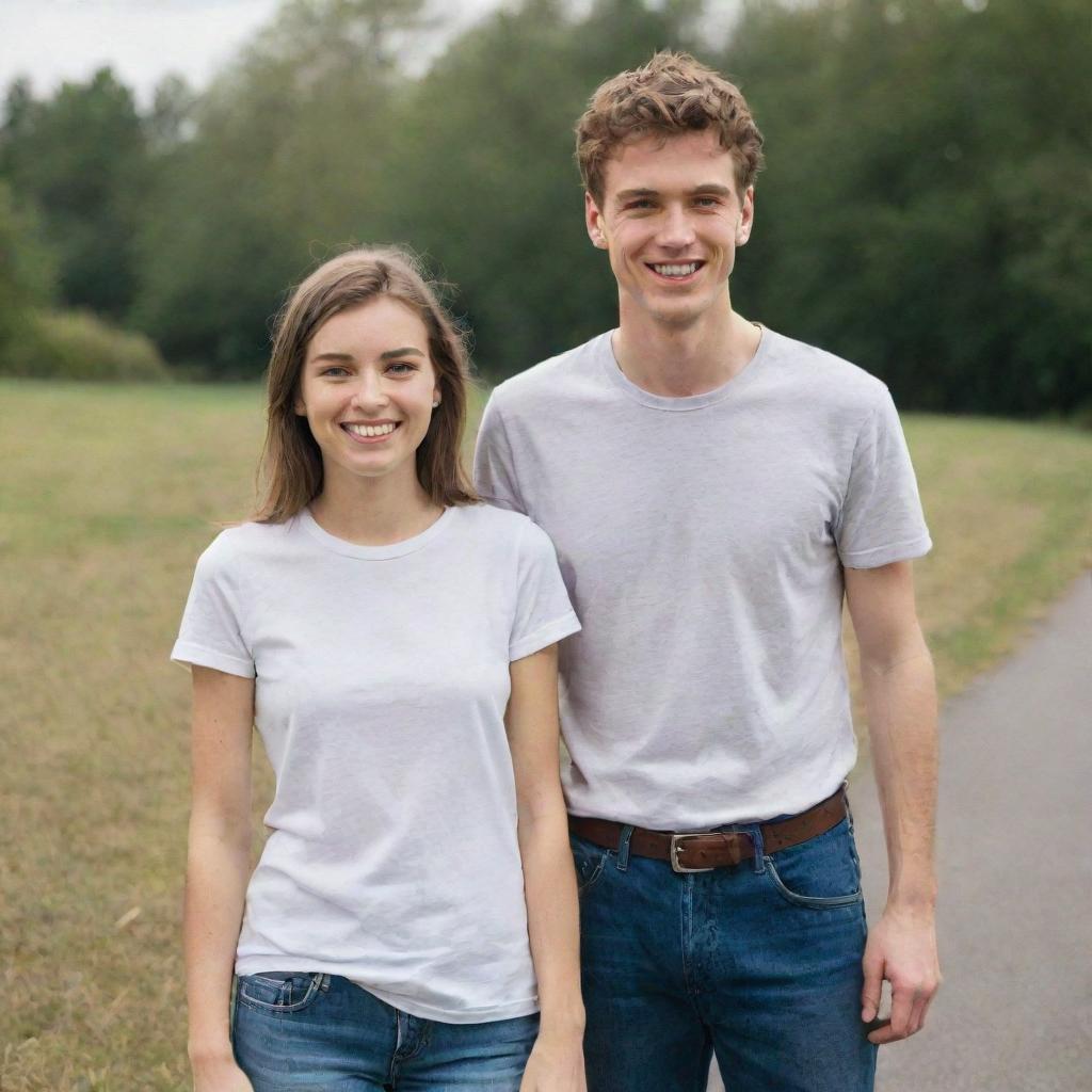 A tall young man standing next to a short young woman, both smiling outdoors in casual clothes