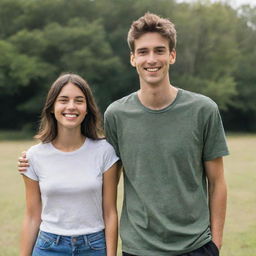 A tall young man standing next to a short young woman, both smiling outdoors in casual clothes