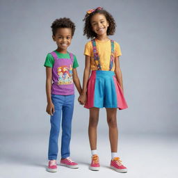 A cartoon image of a tall boy standing next to a short girl. Both are smiling and dressed in colorful clothing.