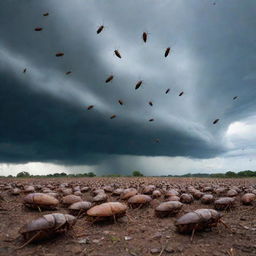 A swarm of giant cockroaches taking over the earth under a stormy sky