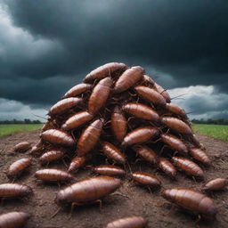 A swarm of giant cockroaches taking over the earth under a stormy sky