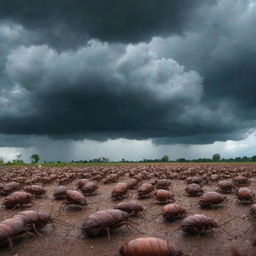 A swarm of giant cockroaches taking over the earth under a stormy sky