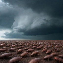 A swarm of giant cockroaches taking over the earth under a stormy sky