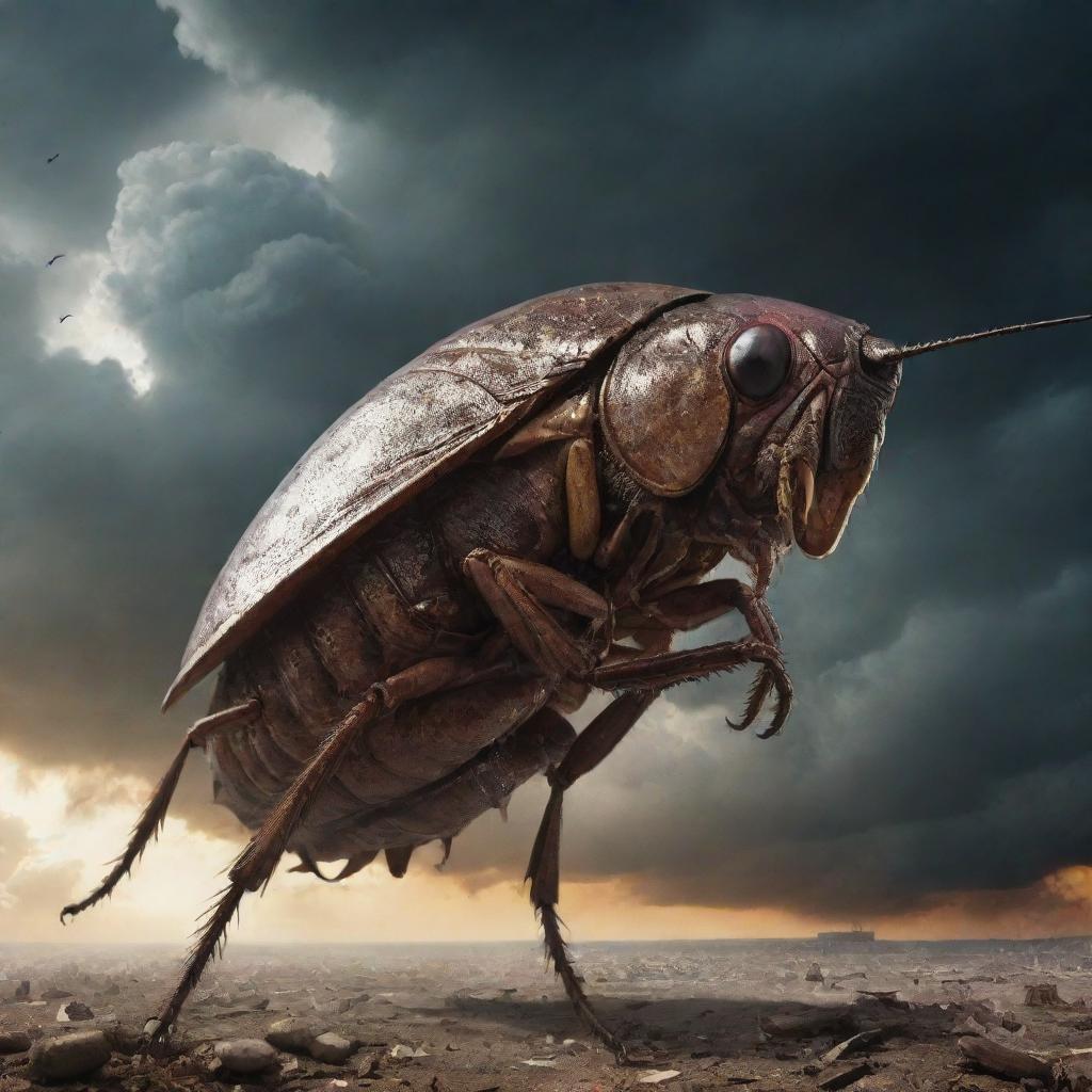 A giant roach launching an invasion on earth against a dramatic, apocalyptic sky