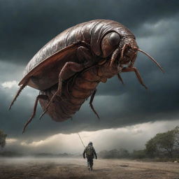 A giant roach launching an invasion on earth against a dramatic, apocalyptic sky