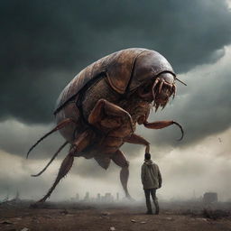 A giant roach launching an invasion on earth against a dramatic, apocalyptic sky