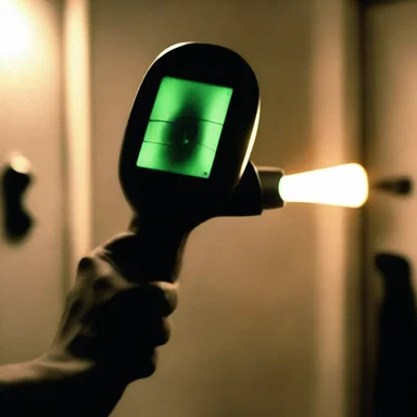 In the horror movie, the otoscope suddenly turned into a sinister weapon, emitting an eerie glow.
