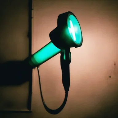 In the horror movie, the otoscope suddenly turned into a sinister weapon, emitting an eerie glow.