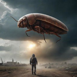 A giant roach launching an invasion on earth against a dramatic, apocalyptic sky