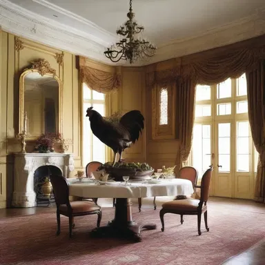 The elegant mansion had a grand dining hall with a sculpture of a capon as its centerpiece.