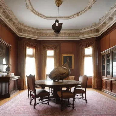 The elegant mansion had a grand dining hall with a sculpture of a capon as its centerpiece.
