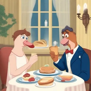 In the romantic dinner scene, the main characters enjoy a scrumptious meal of capon and toast to their love for each other.