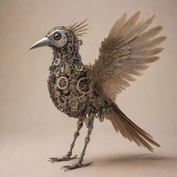 A intricately designed mechanical bird with metallic feathers, robotic eyes, and gears for wings set against a neutral background.