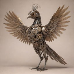 A intricately designed mechanical bird with metallic feathers, robotic eyes, and gears for wings set against a neutral background.