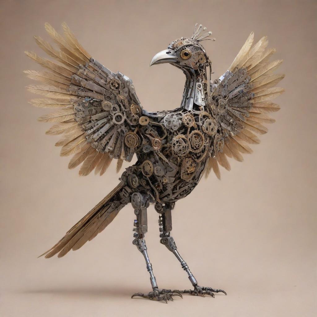 A intricately designed mechanical bird with metallic feathers, robotic eyes, and gears for wings set against a neutral background.