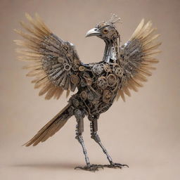 A intricately designed mechanical bird with metallic feathers, robotic eyes, and gears for wings set against a neutral background.