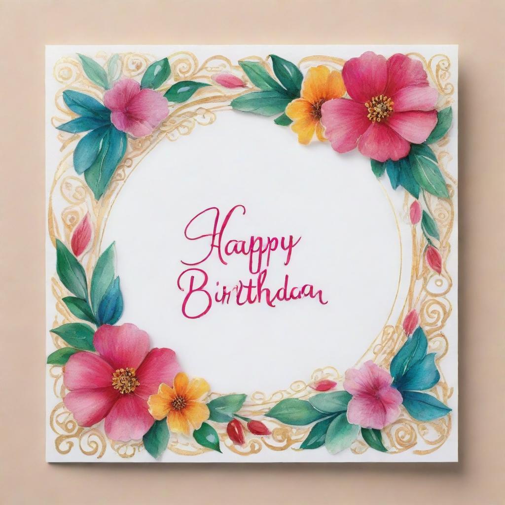 A vibrant birthday greeting card with festive decorations involved, having 'Happy Birthday Haseena' inscribed in elegant calligraphy.