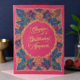 A vibrant birthday greeting card with festive decorations involved, having 'Happy Birthday Haseena' inscribed in elegant calligraphy.