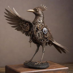 A mechanical bird rendered in steampunk style, with intricate cogs, gears and polished metal plumes, perched on a rustic iron branch.