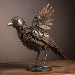 A mechanical bird rendered in steampunk style, with intricate cogs, gears and polished metal plumes, perched on a rustic iron branch.