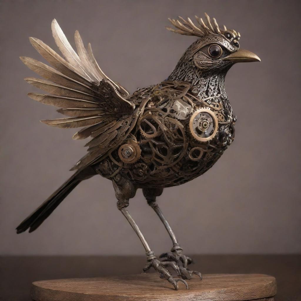 A mechanical bird rendered in steampunk style, with intricate cogs, gears and polished metal plumes, perched on a rustic iron branch.