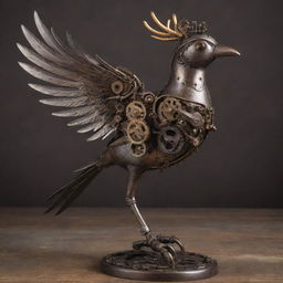 A mechanical bird rendered in steampunk style, with intricate cogs, gears and polished metal plumes, perched on a rustic iron branch.