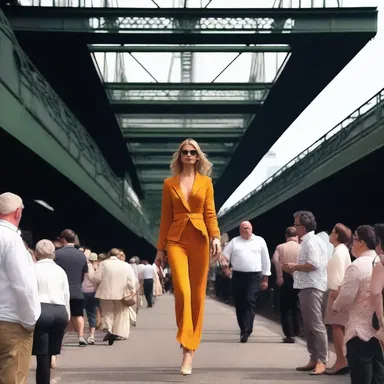 The model walked gracefully beneath the towering overhead railway, her glamorous outfit drawing attention from all the onlookers.