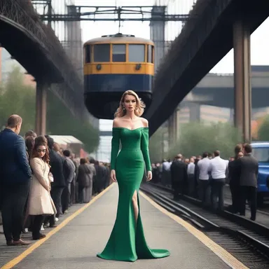 The model walked gracefully beneath the towering overhead railway, her glamorous outfit drawing attention from all the onlookers.