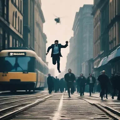 As the chase scene intensified, the protagonist sprinted across the crowded streets, narrowly avoiding the passing overhead railway, in an adrenaline-packed cinematic moment.