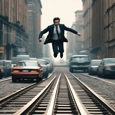As the chase scene intensified, the protagonist sprinted across the crowded streets, narrowly avoiding the passing overhead railway, in an adrenaline-packed cinematic moment.