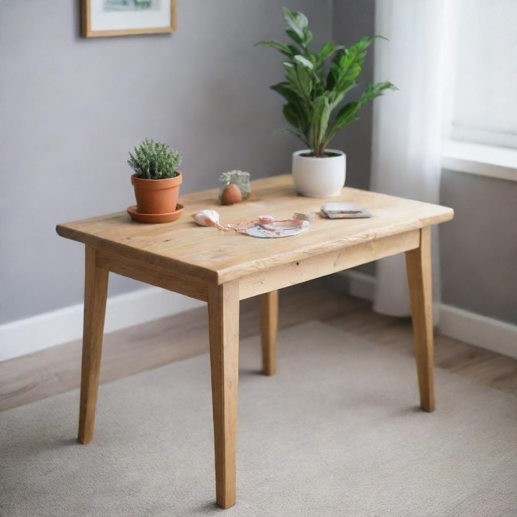 A charming and adorable wooden table adorned with little crafted details, displaying both functionality and whimsy in a bright, welcoming atmosphere.