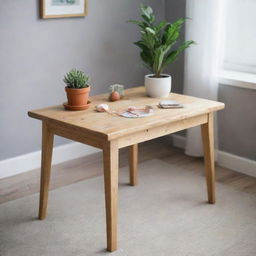 A charming and adorable wooden table adorned with little crafted details, displaying both functionality and whimsy in a bright, welcoming atmosphere.